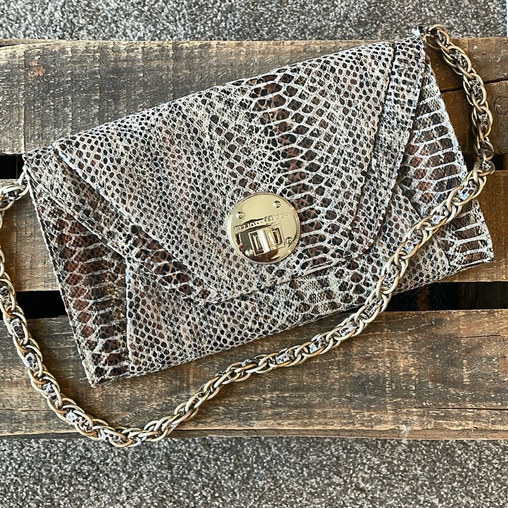 Elliott Lucca reptile print leather envelope clutch with removable chain strap